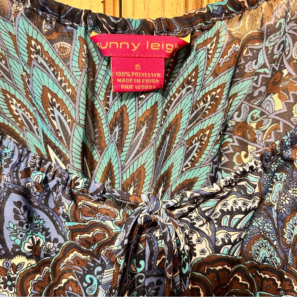 Sunny Leigh M Blue multi Boho Floral Peacock sheer Tie Front Blouse - Picture 2 of 3